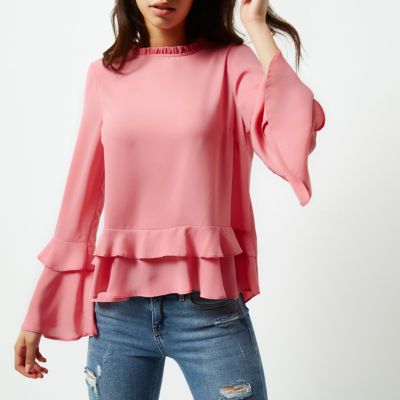 Pink double frill long sleeve top